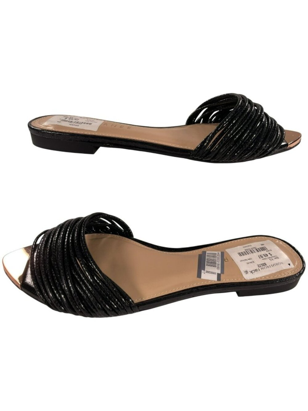 Journee Feather Sandals Black Flat Slide With Metallic Toe Cap Womens Sz 8.5 NEW